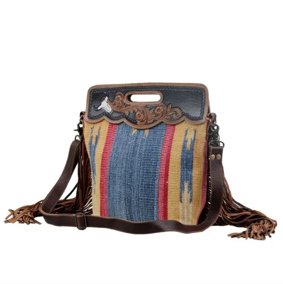 GUC Myra Bag Blue Stream Hand Tooled Fringe Crossbody Hand Carry Bag, Gorgeous - Picture 3 of 16